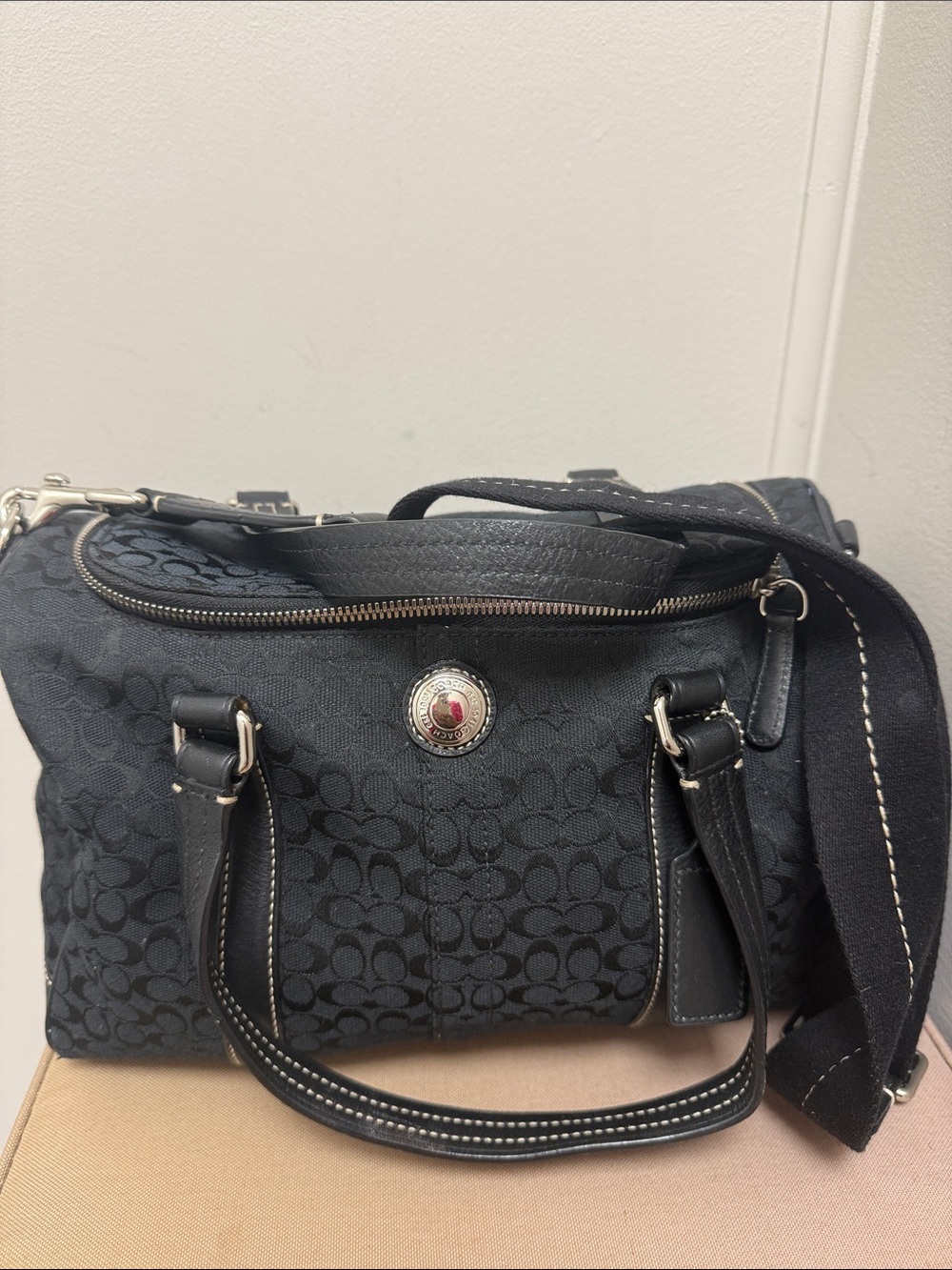 Coach Black Signature Satchel with Logo Medallion